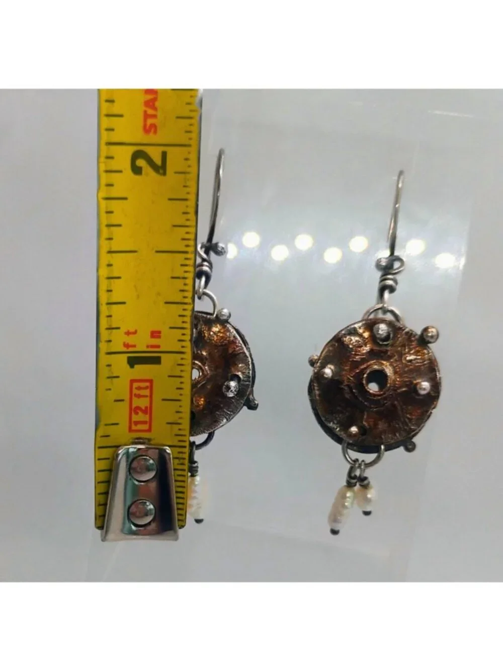 Artisan Handmade Mixed Metal Hammered Disc Earrings w/Dangling Freshwater Pearls